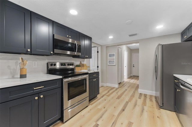 kitchen featuring baseboards, visible vents, stainless steel appliances, light wood-style floors, and backsplash