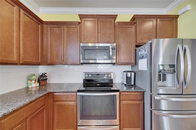 kitchen featuring backsplash, appliances with stainless steel finishes, dark stone counters, and ornamental molding