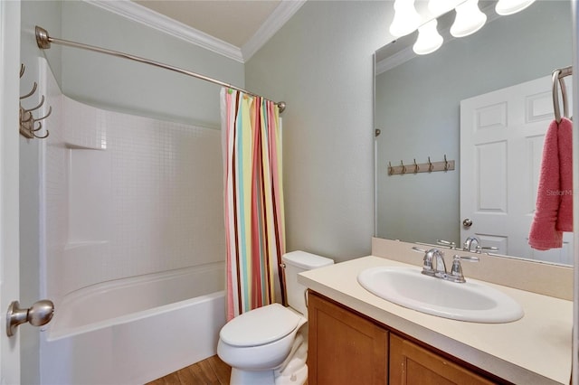 full bath with shower / bath combo with shower curtain, vanity, toilet, and crown molding