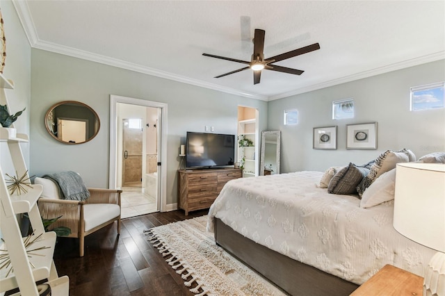 bedroom featuring dark wood finished floors, a ceiling fan, crown molding, and baseboards