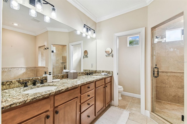 bathroom with a shower stall, toilet, and a sink