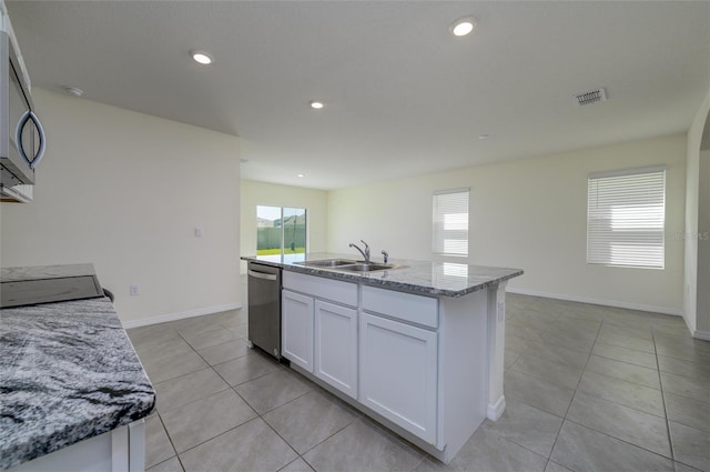 kitchen with visible vents, a sink, stainless steel appliances, white cabinets, and a healthy amount of sunlight