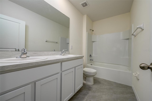 full bathroom featuring visible vents, double vanity, a sink, bathing tub / shower combination, and toilet