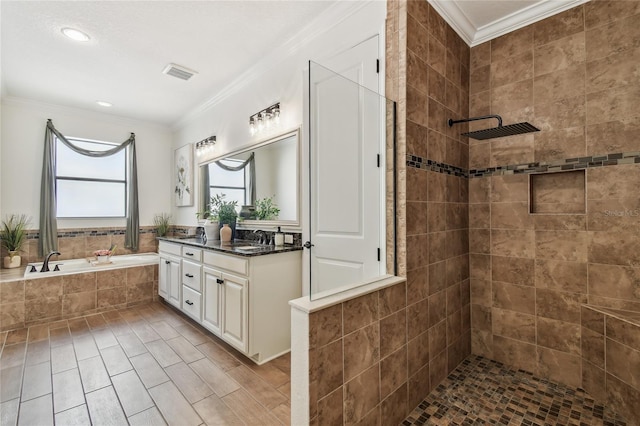 bathroom featuring visible vents, ornamental molding, a walk in shower, a sink, and double vanity