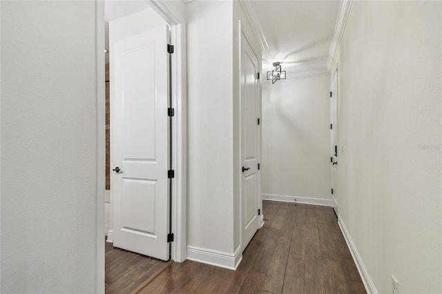 hall with crown molding, baseboards, and dark wood-style flooring