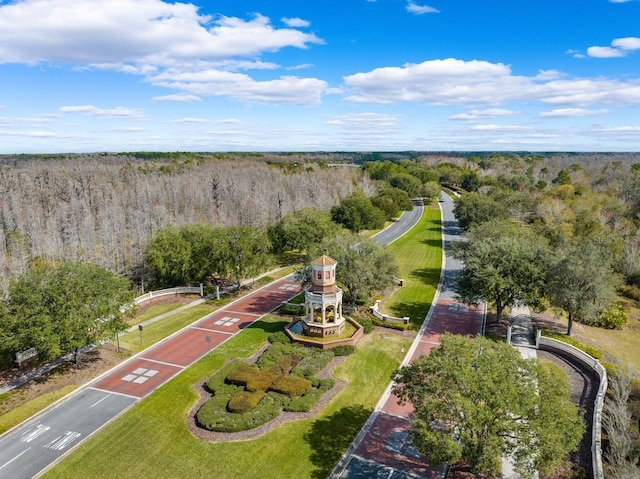 birds eye view of property featuring a wooded view