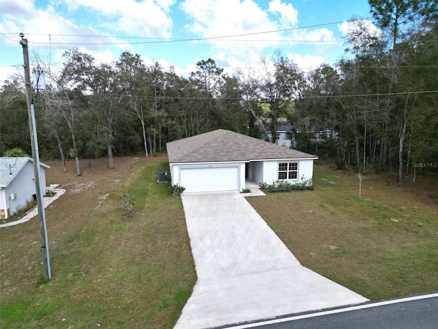 view of front of home with roof with shingles, stucco siding, concrete driveway, a front lawn, and a garage