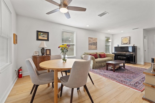 dining space with baseboards, visible vents, recessed lighting, ceiling fan, and light wood-type flooring