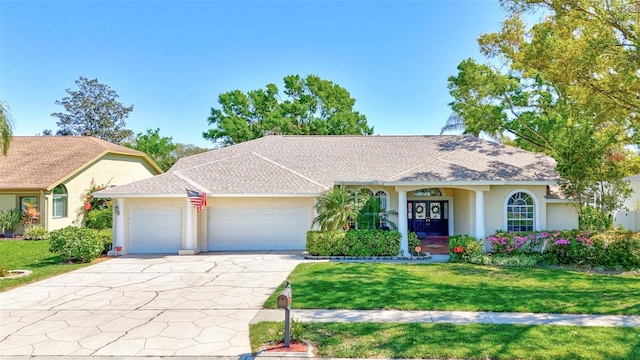 ranch-style house featuring stucco siding, a garage, concrete driveway, and a front lawn