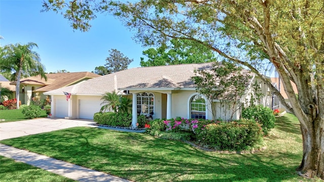 ranch-style home featuring stucco siding, driveway, a front lawn, and a garage