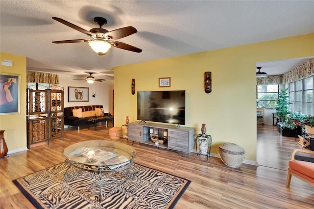 living area featuring baseboards, a textured ceiling, and wood finished floors