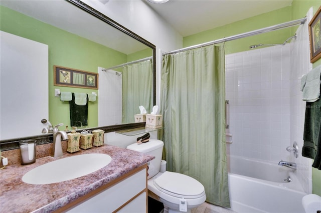 bathroom featuring vanity, toilet, and shower / tub combo with curtain