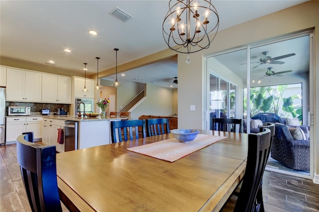 dining area with recessed lighting, visible vents, wood finished floors, and a ceiling fan