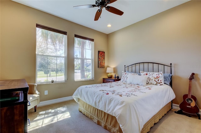 bedroom featuring recessed lighting, baseboards, light carpet, and ceiling fan