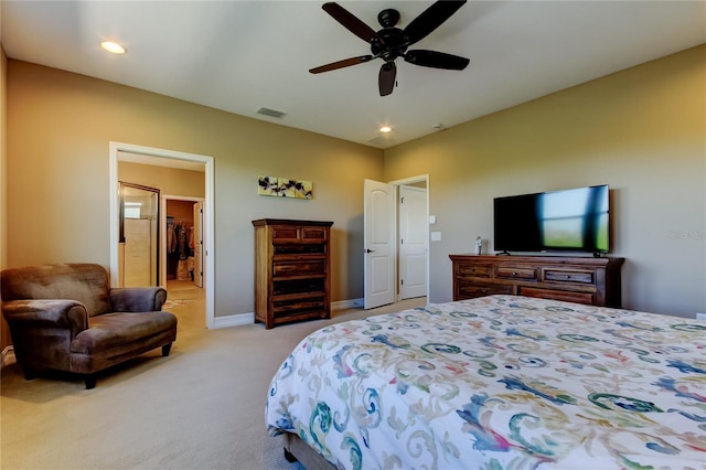 carpeted bedroom with ceiling fan, recessed lighting, visible vents, and baseboards