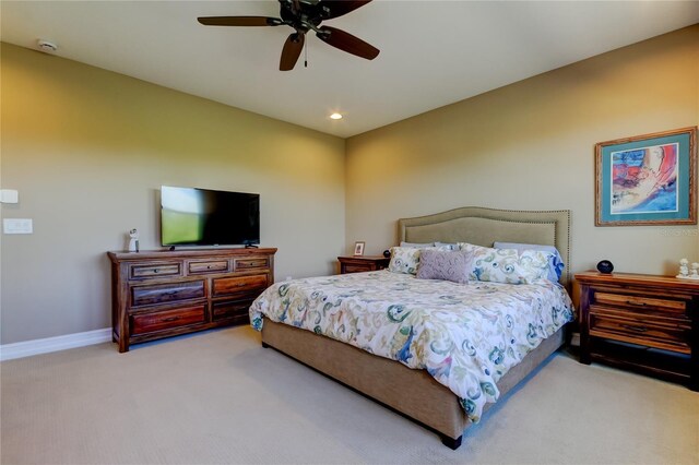 bedroom featuring recessed lighting, baseboards, carpet, and a ceiling fan