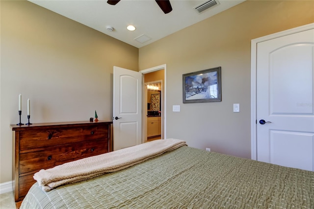 bedroom with recessed lighting, visible vents, and a ceiling fan