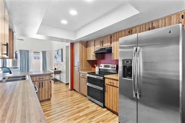 kitchen with a sink, stainless steel appliances, under cabinet range hood, and a tray ceiling