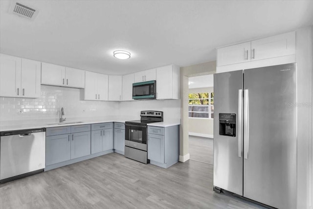 kitchen with visible vents, light countertops, appliances with stainless steel finishes, white cabinets, and a sink