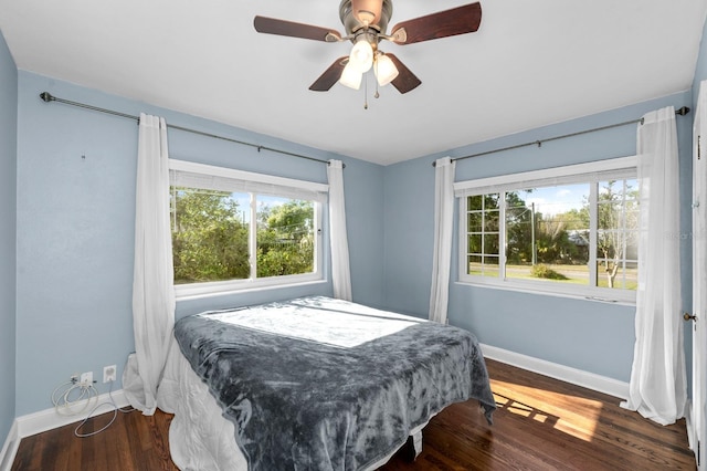 bedroom featuring multiple windows, wood finished floors, baseboards, and a ceiling fan