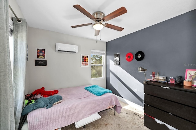 carpeted bedroom with a wall mounted air conditioner and ceiling fan