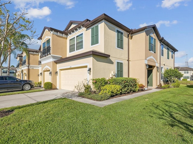 view of front of property with a front lawn, a residential view, concrete driveway, stucco siding, and a garage