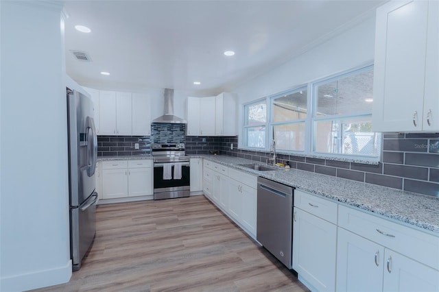 kitchen with a sink, backsplash, appliances with stainless steel finishes, white cabinets, and wall chimney range hood