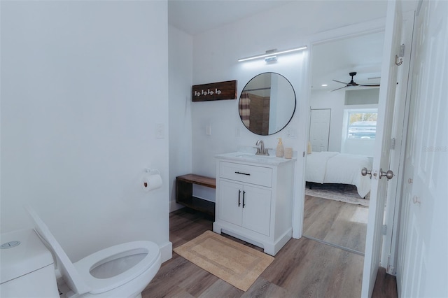 ensuite bathroom with vanity, toilet, wood finished floors, and ensuite bathroom