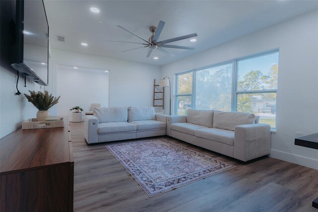 1605 Crown St, Clearwater, FL 33755 - living room with recessed lighting, wood finished floors, visible vents, a ceiling fan, and baseboards
