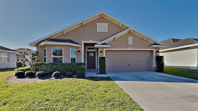 view of front of house featuring stucco siding, a front lawn, concrete driveway, and an attached garage