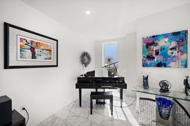 sitting room with recessed lighting, marble finish floor, and baseboards