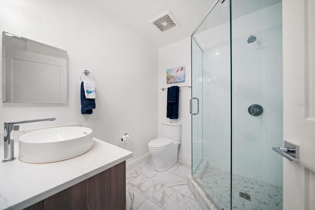 full bathroom featuring visible vents, a shower stall, baseboards, toilet, and marble finish floor