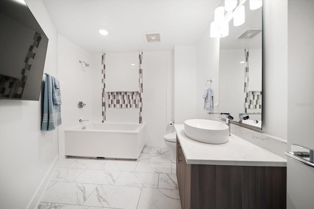 full bath featuring vanity, visible vents, bathtub / shower combination, toilet, and marble finish floor