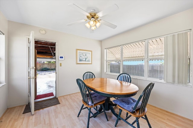 dining room featuring a wealth of natural light, light wood-style floors, and a ceiling fan