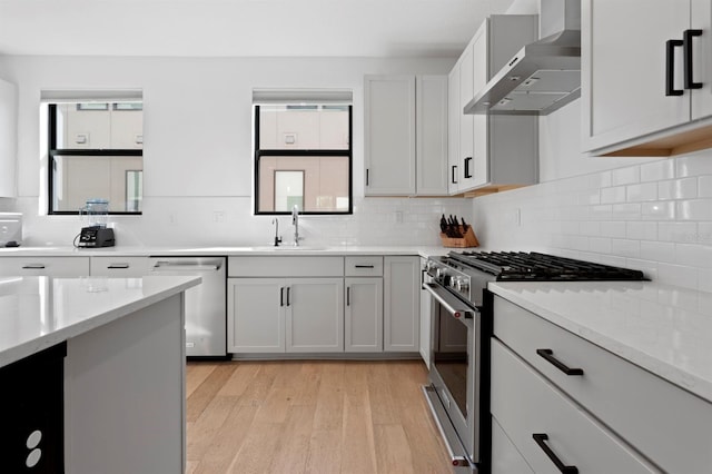 kitchen featuring light wood-style flooring, a sink, stainless steel appliances, wall chimney exhaust hood, and backsplash