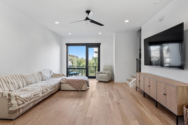 bedroom featuring baseboards, recessed lighting, ceiling fan, access to exterior, and light wood-type flooring