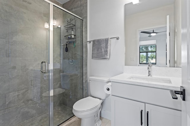 bathroom featuring vanity, toilet, and a stall shower