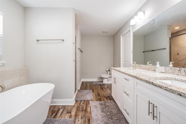 bathroom featuring a sink, wood finished floors, a shower stall, double vanity, and a freestanding bath