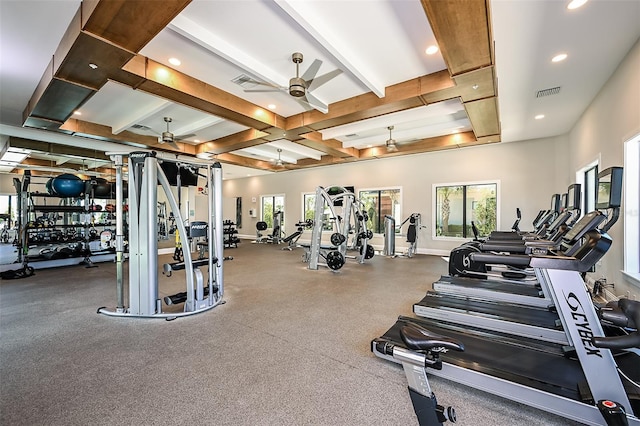 gym with visible vents, recessed lighting, baseboards, and ceiling fan