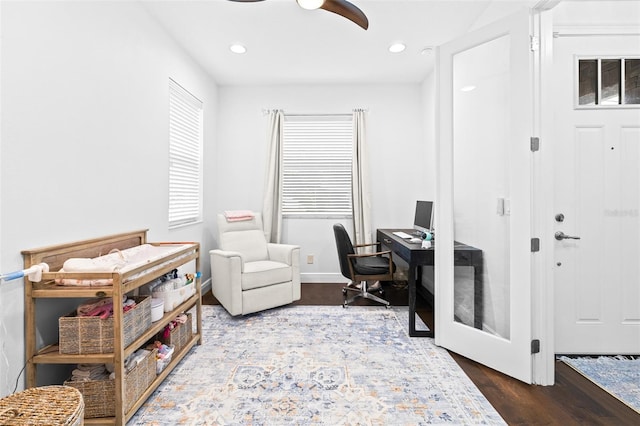 home office featuring recessed lighting, wood finished floors, baseboards, and ceiling fan