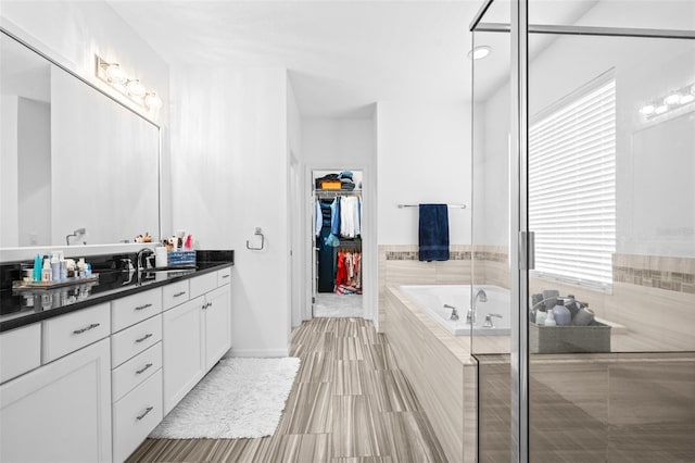 bathroom with a spacious closet, a bath, and vanity