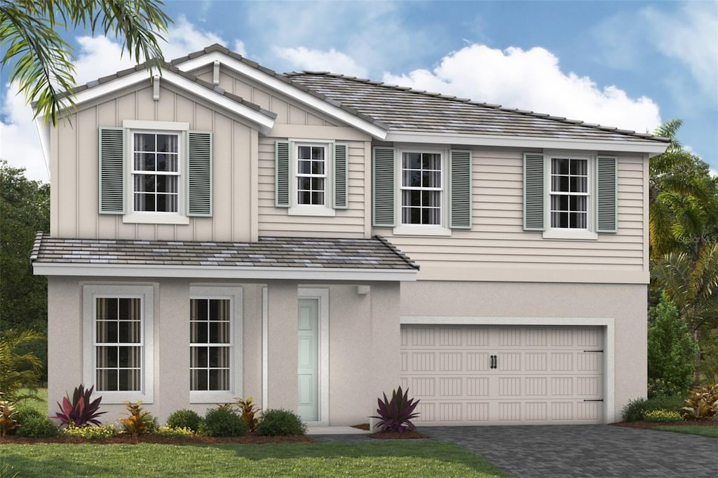 view of front of home with board and batten siding, decorative driveway, a garage, and stucco siding