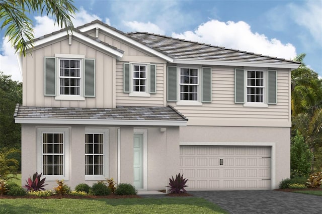 view of front of home with board and batten siding, decorative driveway, a garage, and stucco siding