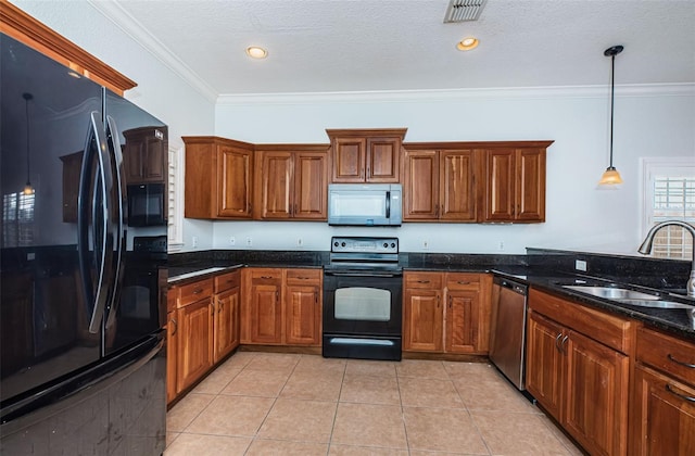 kitchen with light tile patterned floors, visible vents, ornamental molding, black appliances, and brown cabinets