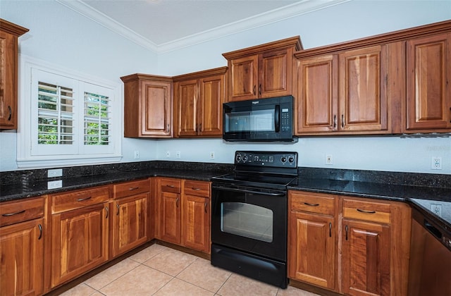 kitchen featuring brown cabinetry, black appliances, light tile patterned flooring, and crown molding