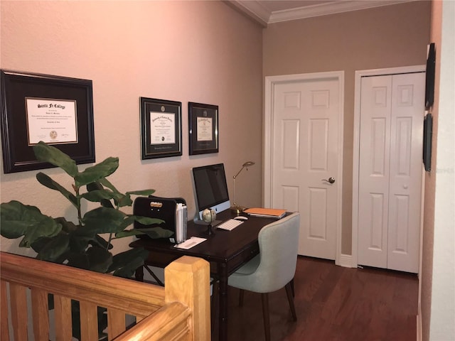 home office with crown molding and wood finished floors