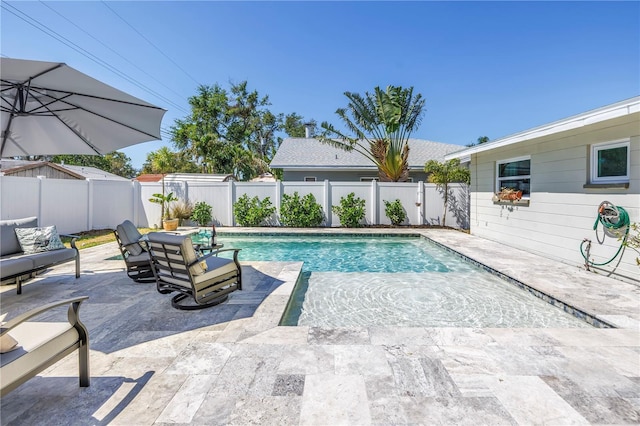 view of swimming pool featuring a patio, a fenced backyard, and a fenced in pool