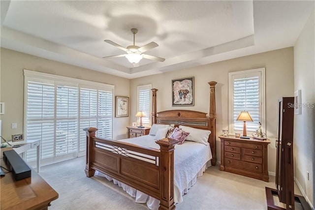 bedroom with a raised ceiling, access to outside, multiple windows, and light carpet