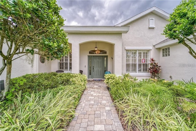 view of exterior entry with stucco siding