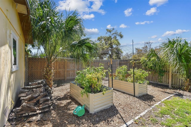 view of yard with a garden and a fenced backyard